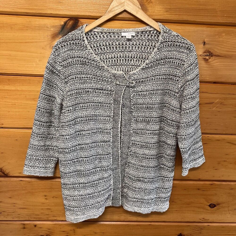 j jill Women’s  Open Front Sweater Pin Closure 3/4 Sleeve Beige Black Used